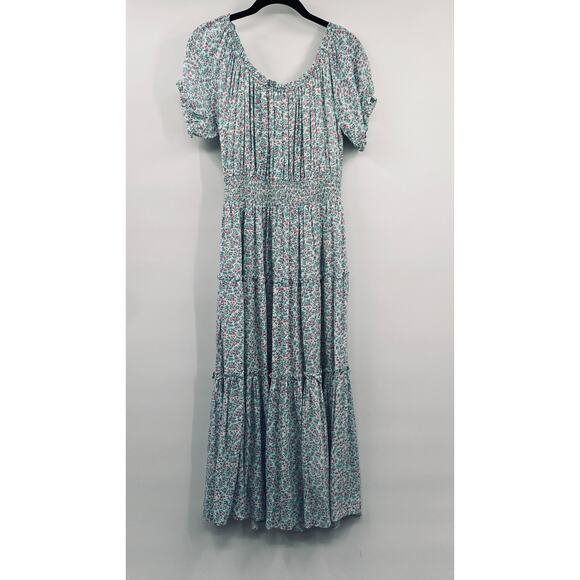 J Crew Puff Sleeve Floral Maxi Dress Tiered Smocked Waist Teal White Pink 2 - Picture 4 of 10